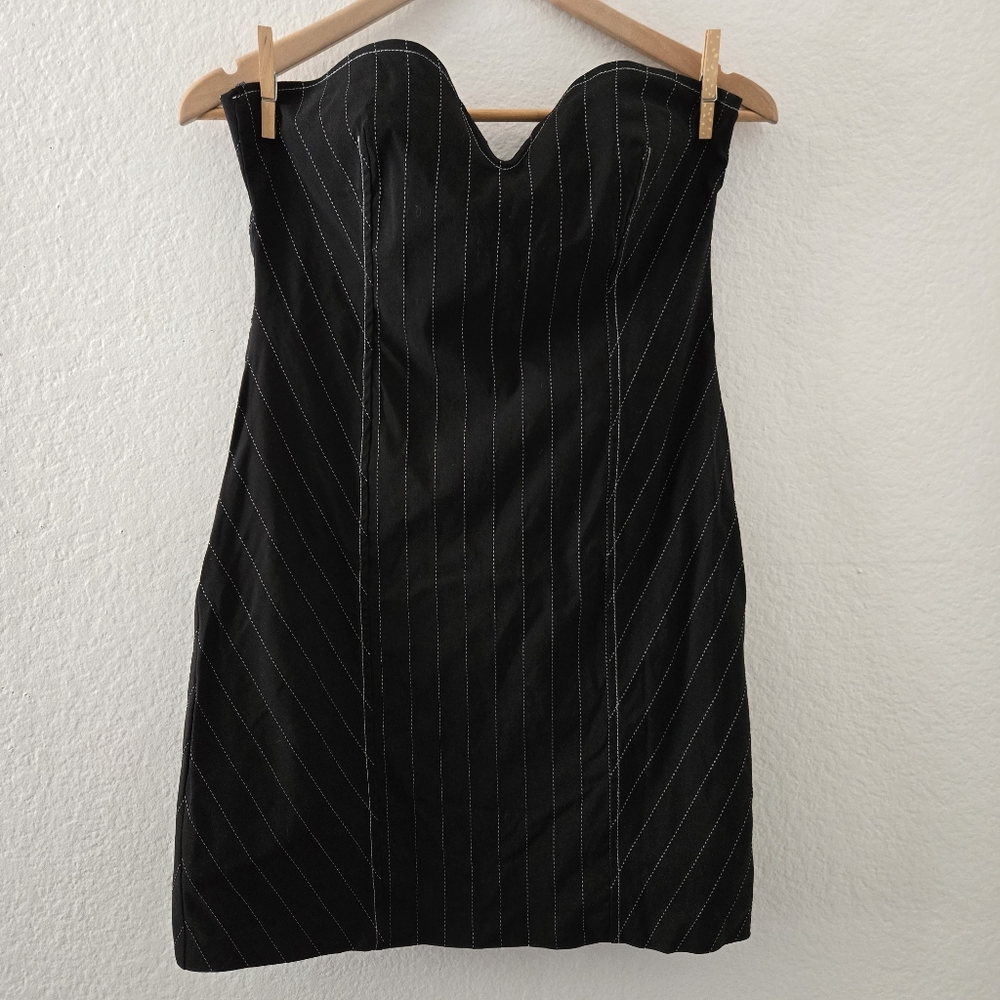Zara Strapless Black Bodycon Dress with White Pinstripes